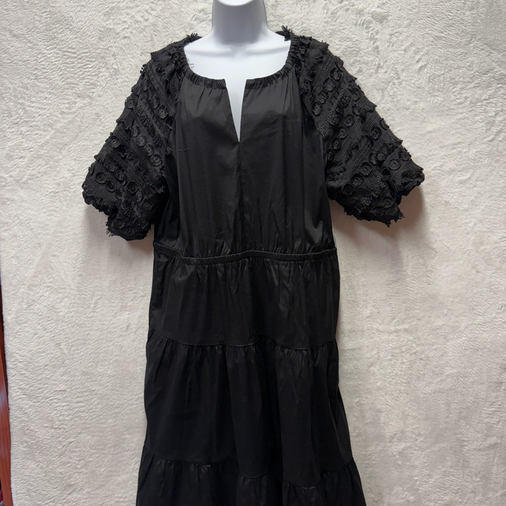 Chico's Tiered Midi A-Line Dress Womens 3 Black Puff Sleeve Eyelash Trim Unique